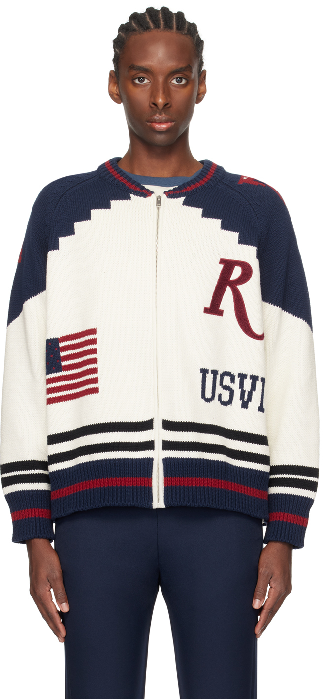 Rhude Saint Croix Logo-appliquéd Intarsia-knit Cotton Jacket In Cream/navy/red