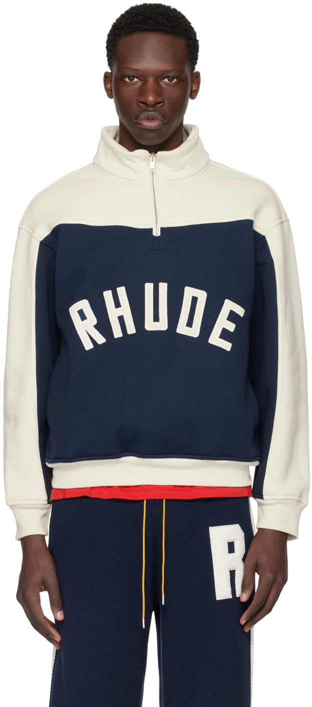 Shop Rhude Off-white & Navy Contrast Sweatshirt In Mid-night Blue/cream