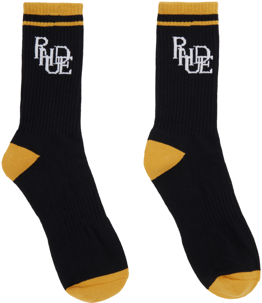 Rhude Black & Yellow Scramble Logo Socks In Black/yellow/cream