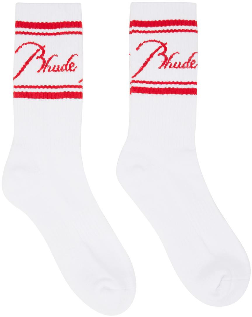 Rhude White & Red Script Socks