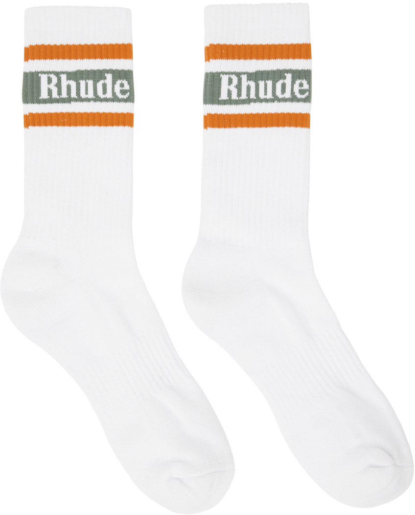 White & Green Stripe Logo Socks by Rhude on Sale