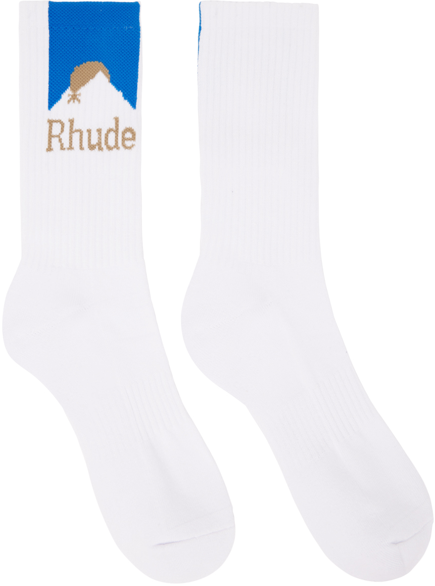 Rhude White Moonlight Sport Socks In White/blue/yellow
