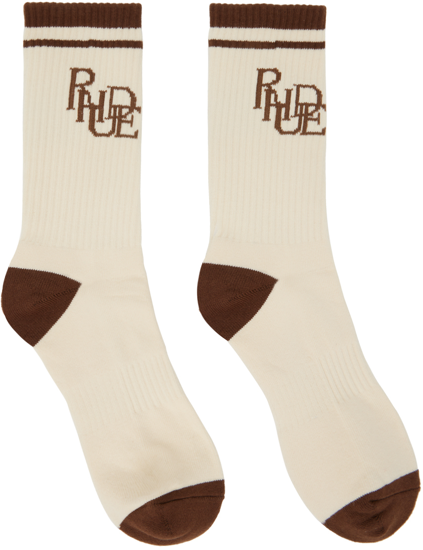 Rhude Beige & Brown Scribble Logo Socks In Tan/brown