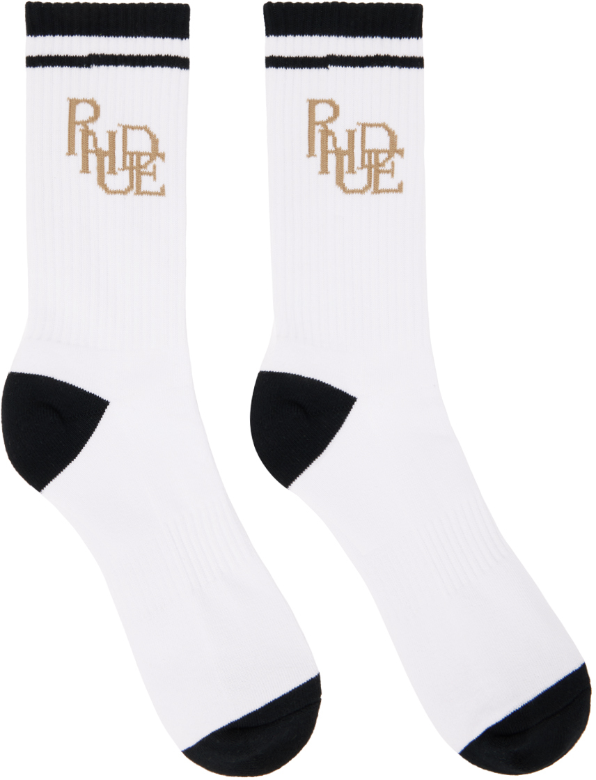 Shop Rhude White & Black Scribble Logo Socks In White/yellow/black