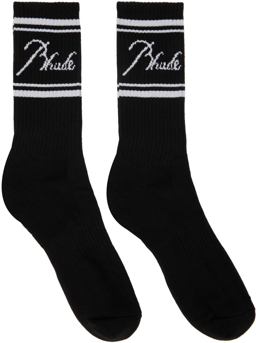 Rhude Black Script Logo Socks In Black/white