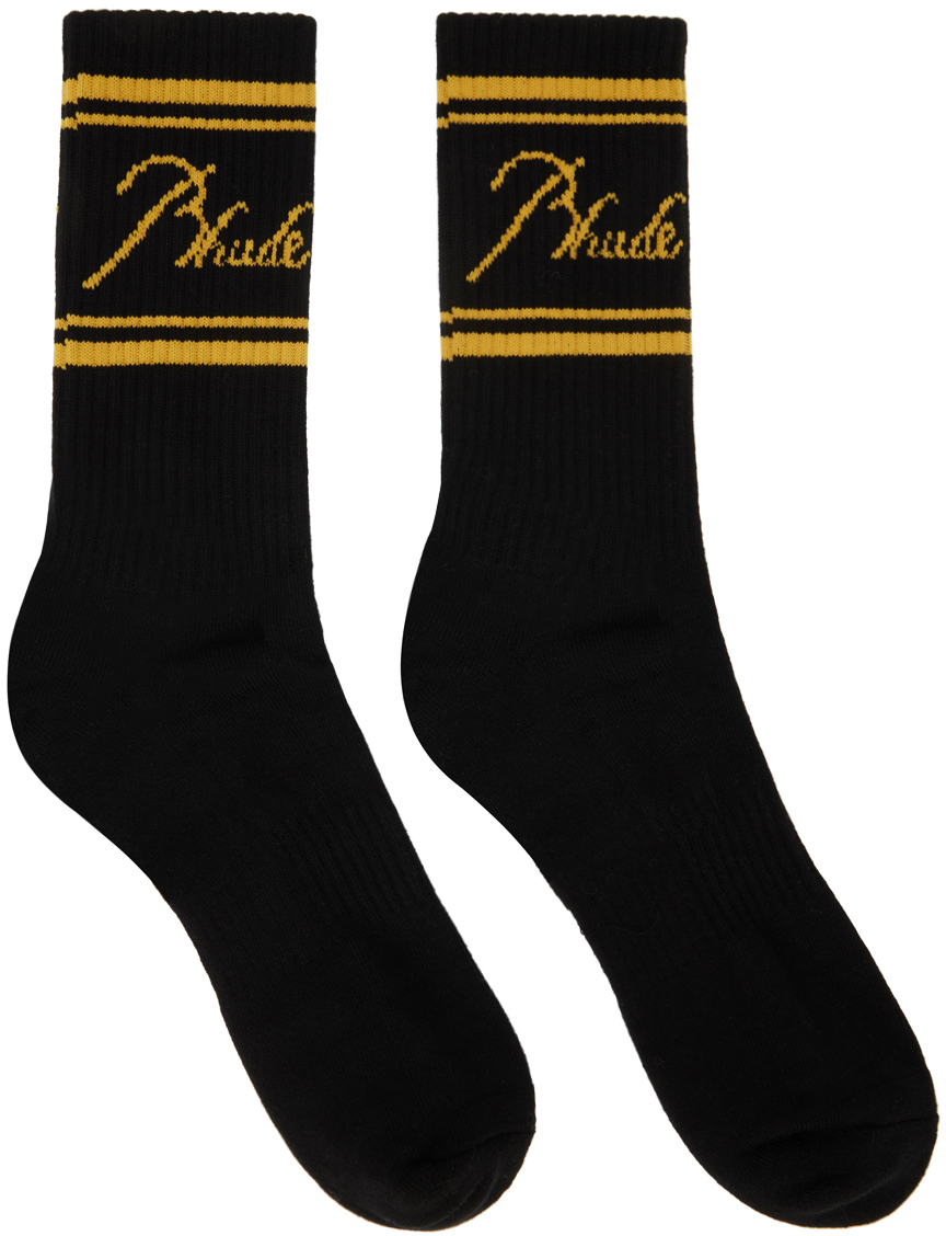Rhude Black Script Logo Socks In Black/yellow