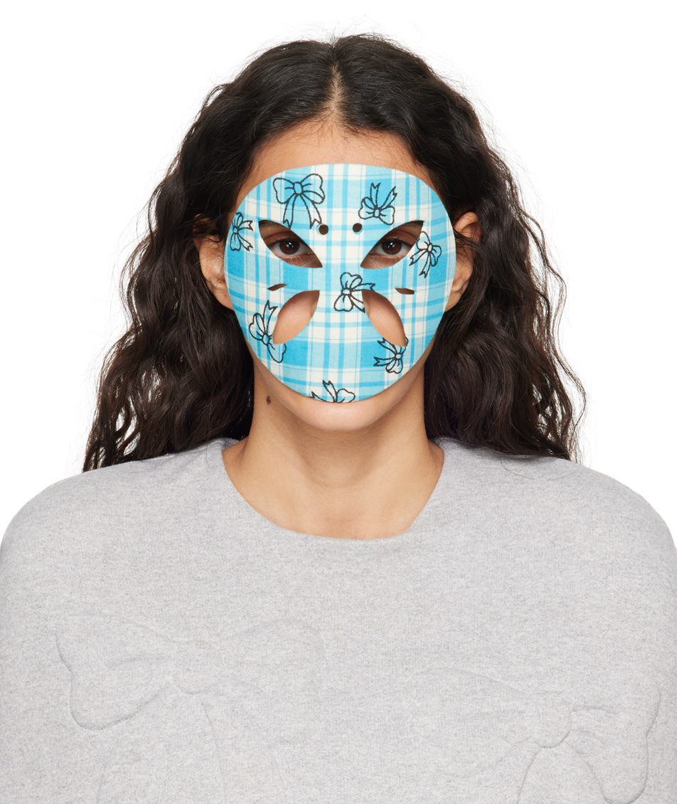 Shop Ashley Williams Blue & Off-white Check Face Mask In Blue Check W/ Bows
