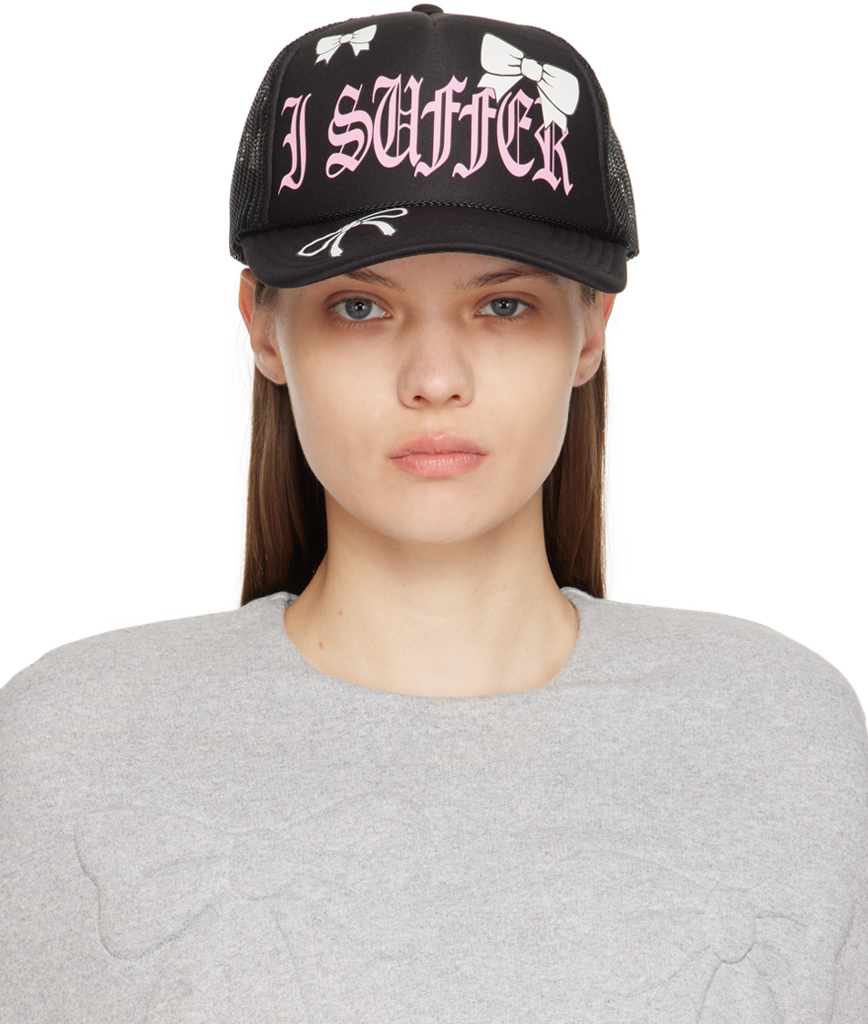 Shop Ashley Williams Black 'i Suffer' Cap In Pink Font/white Bows