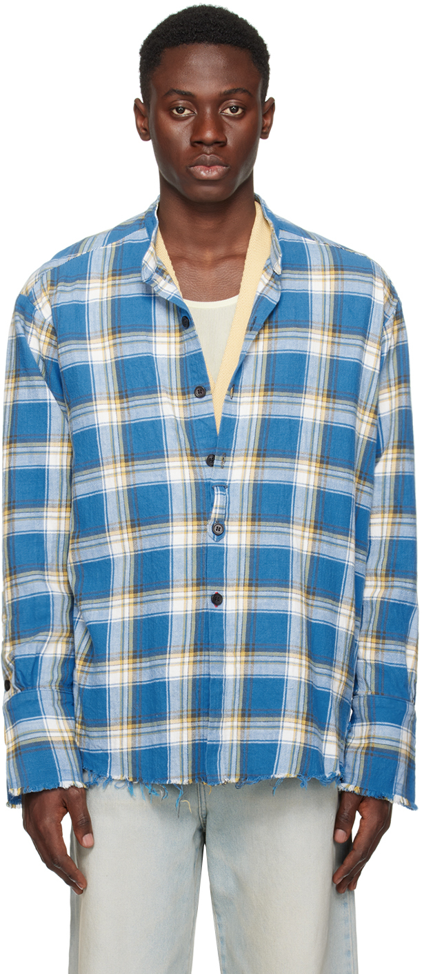 Shop Greg Lauren Blue Check Shirt In Blue Plaid