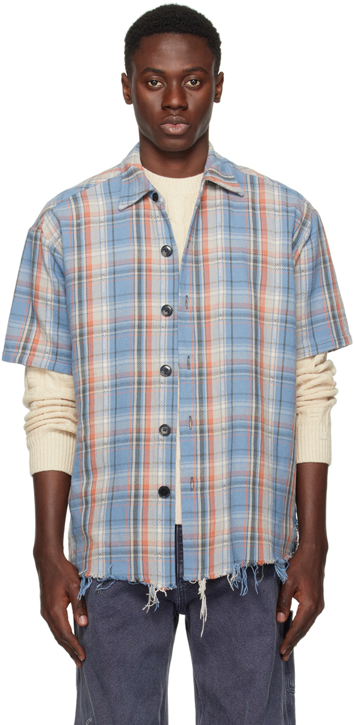 Shop Greg Lauren Blue Check Shirt In Faded Blue Plaid