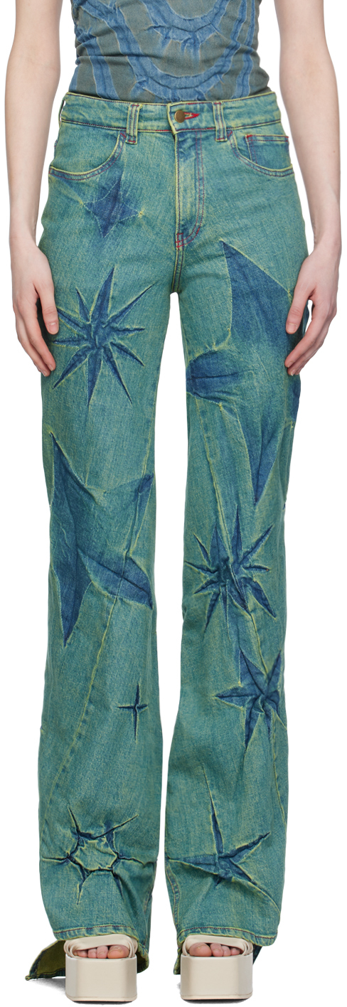 Shop Masha Popova Green & Blue Creased Jeans In Jade Blue