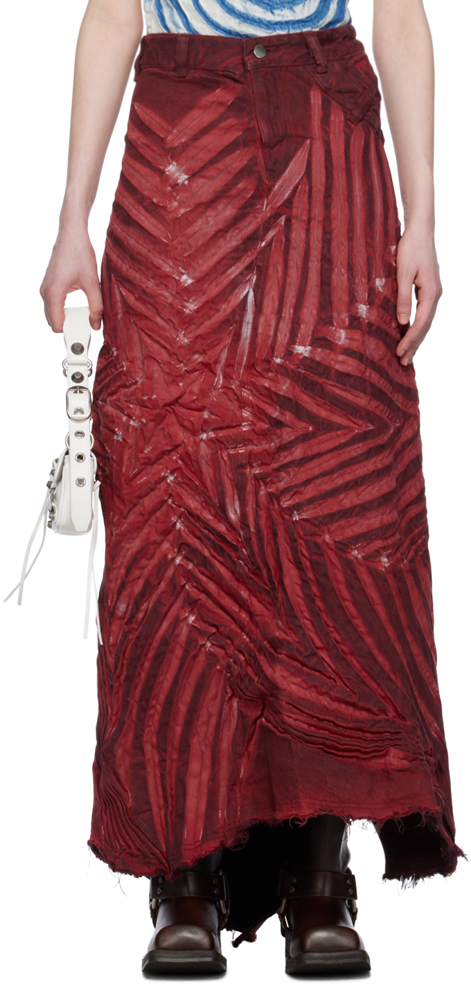 Shop Masha Popova Red Creased Denim Maxi Skirt In Fiery Red