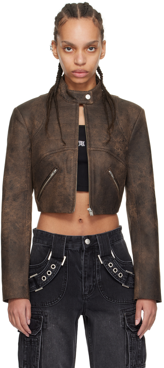 Shop Misbhv Brown Cropped Faux-leather Jacket
