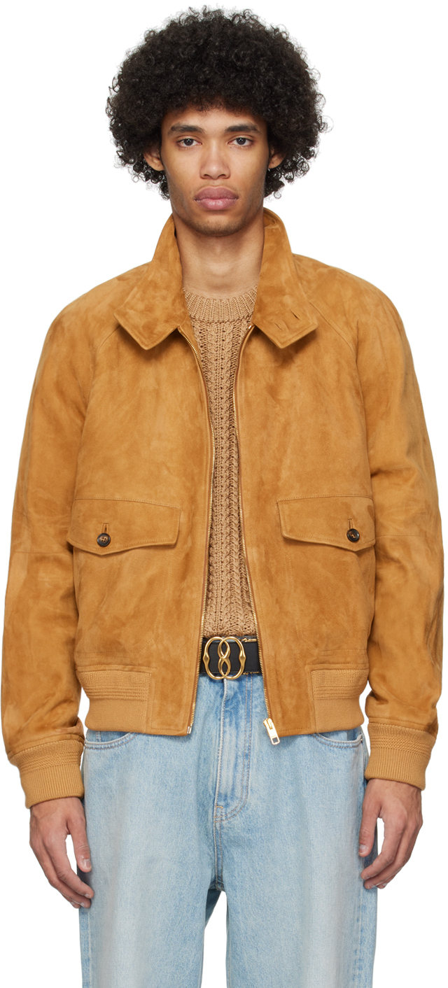 Shop Bally Brown Spread Collar Leather Jacket In Deserto 22