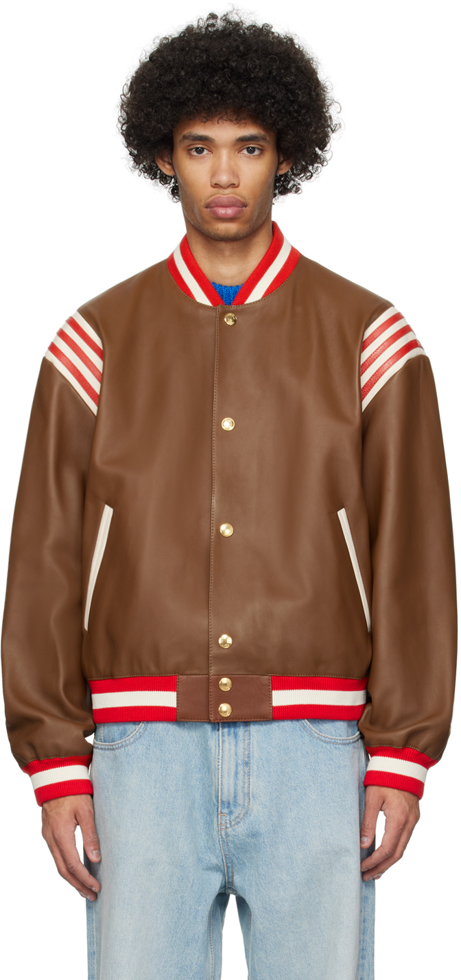 Shop Bally Brown Striped Leather Jacket In Cuero 21