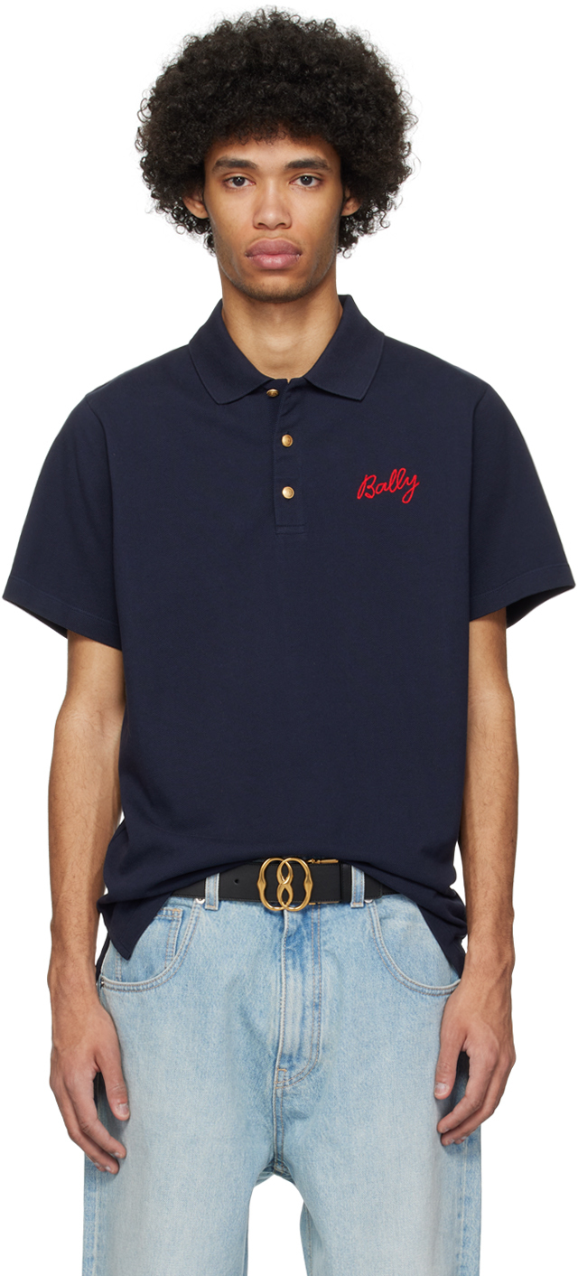Shop Bally Navy Embroidered Polo In Navy 50