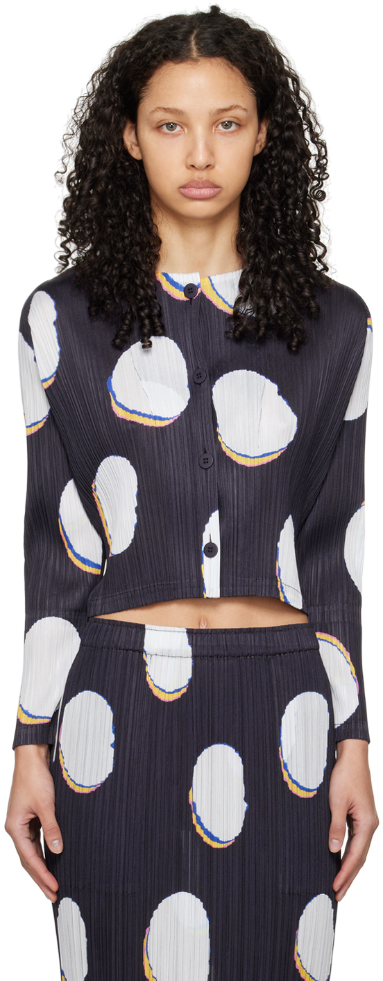 PLEATS PLEASE ISSEY MIYAKE: Navy & White Bean Dots Cardigan