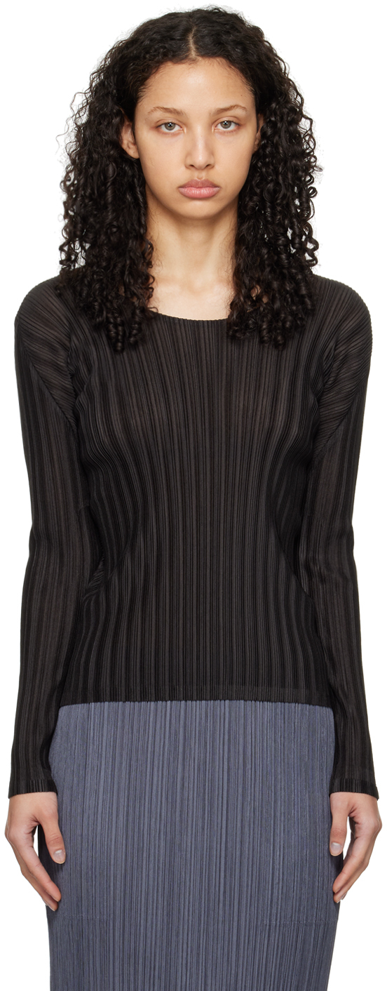 PLEATS PLEASE ISSEY MIYAKE: Black Rib Pleats January Long Sleeve T