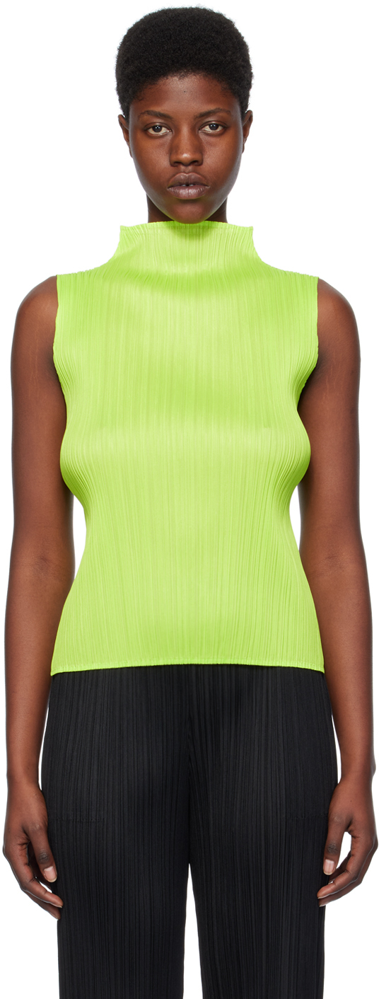 Issey Miyake High-neck Technical-pleated Sleeveless Top In Green