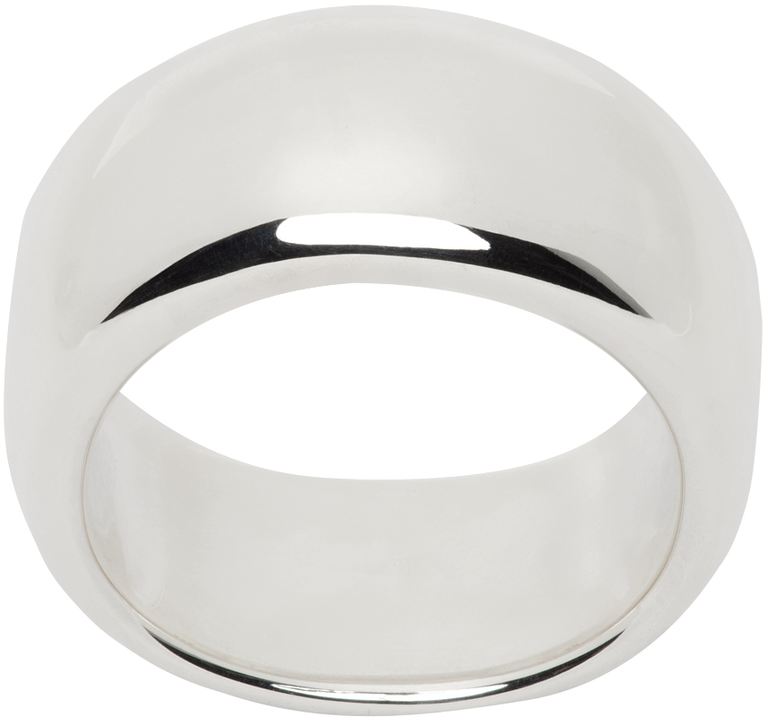 Bague Anneau Flex Argentée - 1/2 Cube En Verre Rempli De Mini Billes Nacrées - Taille Adaptable 56 à 62