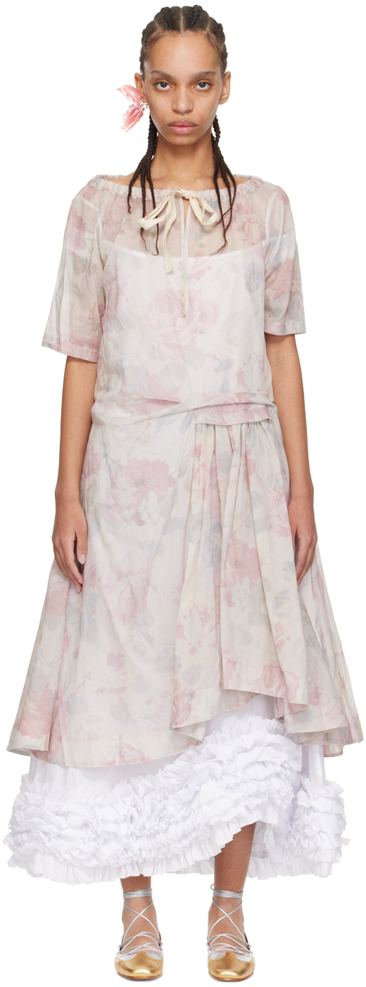 Shop Molly Goddard Pink Tia Midi Dress In Cream Floral
