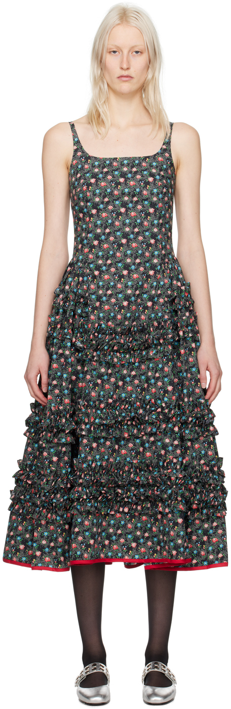 Molly Goddard Ruby Tiered Ruffled Satin-trimmed Floral-print Cotton Midi Dress In Black