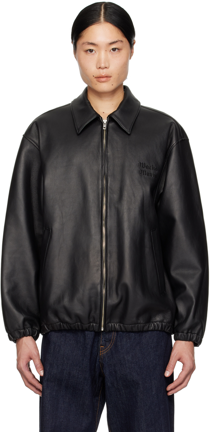 WACKO MARIA: Black Spread Collar Leather Jacket | SSENSE