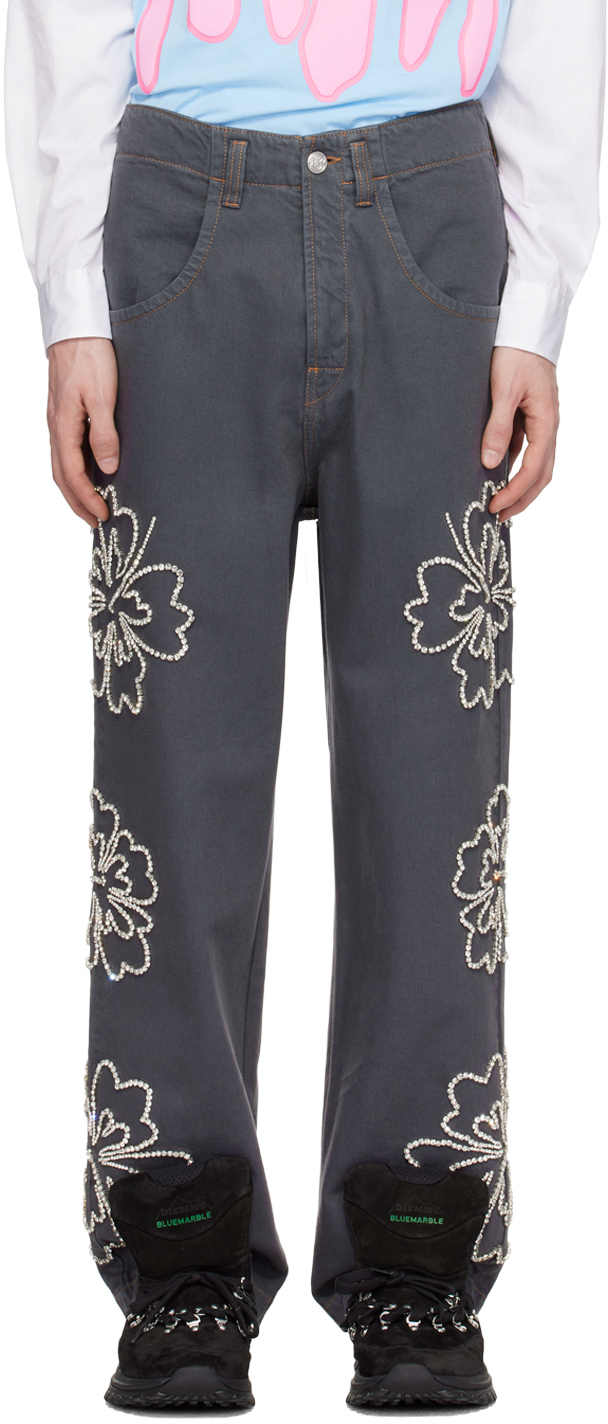 Shop Bluemarble Gray Embroidered Jeans In Grey