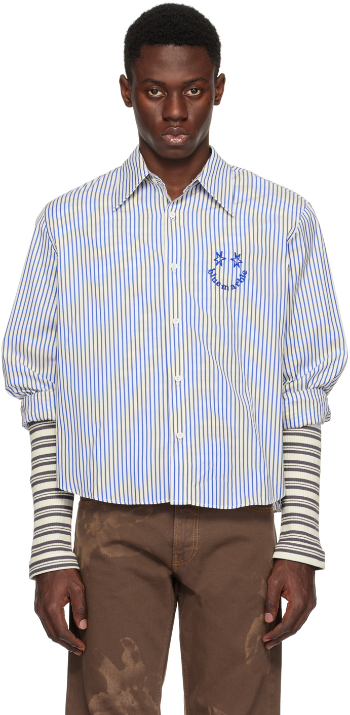 Shop Bluemarble White & Blue Smiley Stripe Shirt In Blue/yellow