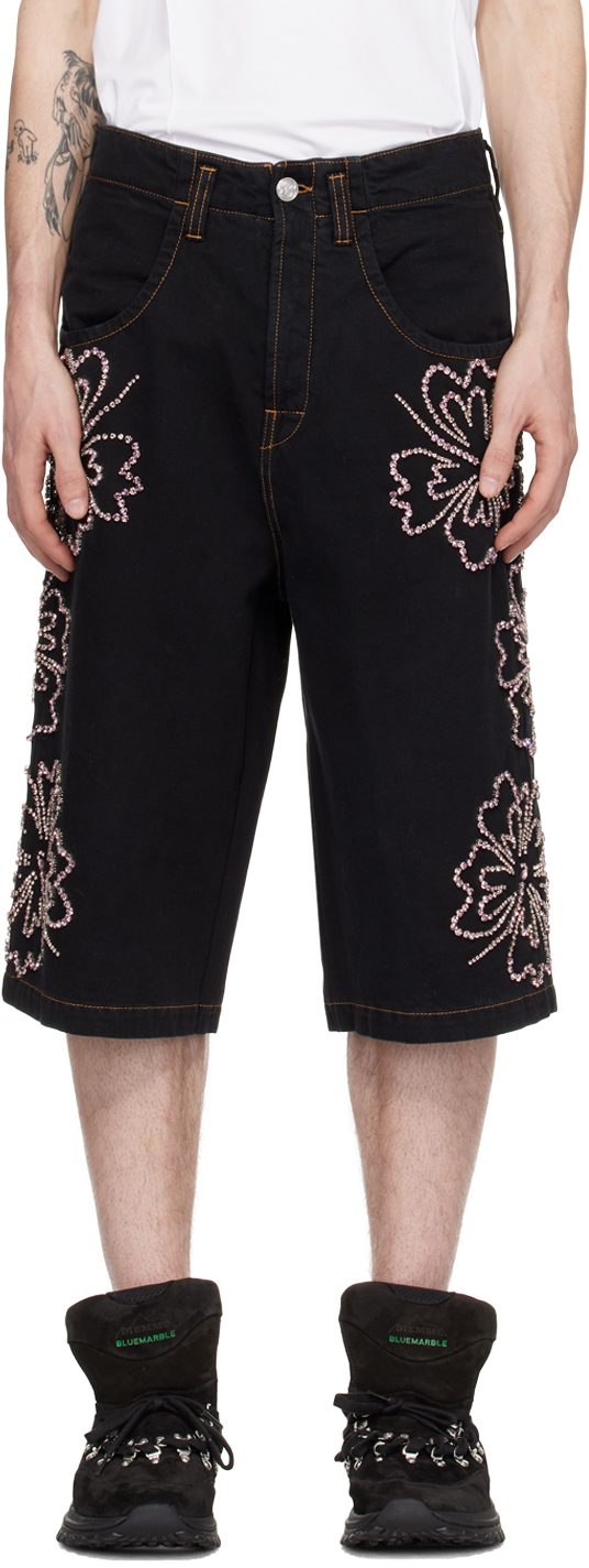 Black Embroidered Denim Shorts