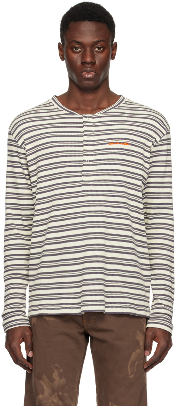 Shop Bluemarble White & Gray Stripe Long Sleeve T-shirt In White/brown