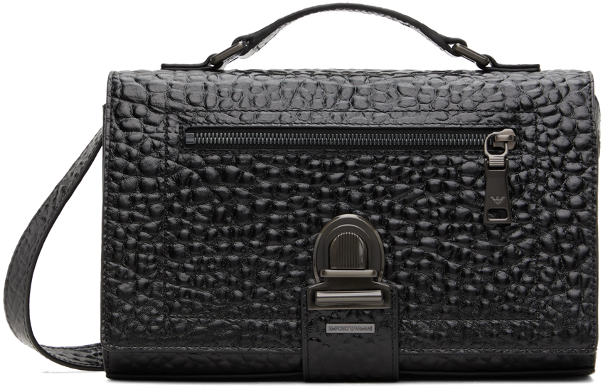 Emporio Armani Black Small Pebbled Leather Bag In Animal Print
