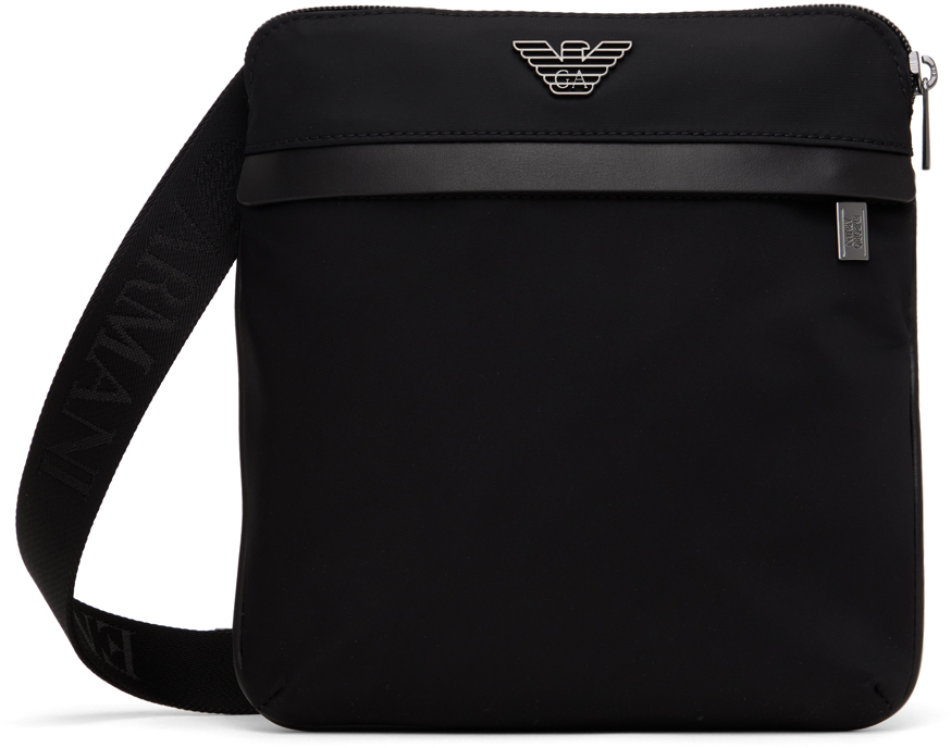 Shop Emporio Armani Black Small Flat Messenger Bag