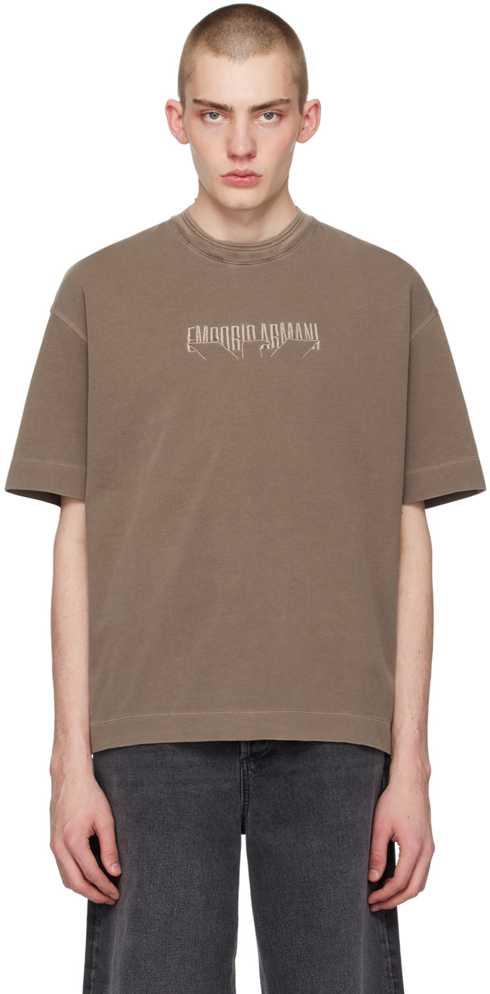 Tan Embroidered TShirt by Emporio Armani