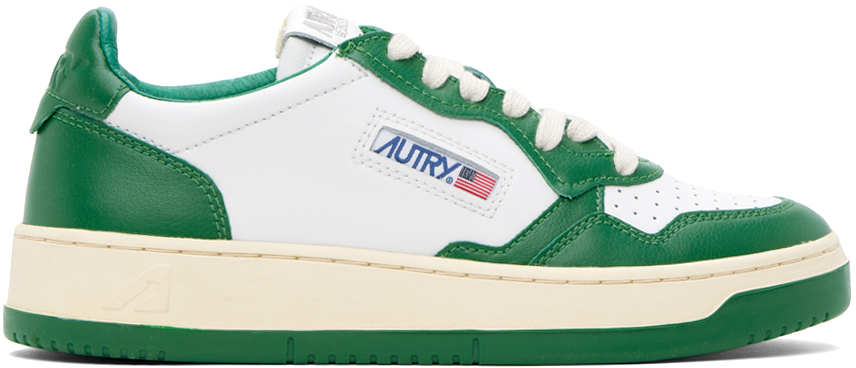 White & Green Medalist Low Sneakers
