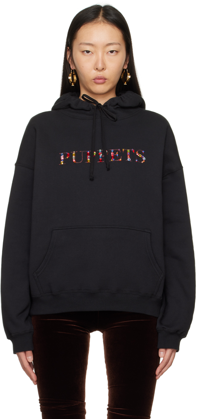 Shop Puppets And Puppets Black Crystal-cut Hoodie In 001 Black