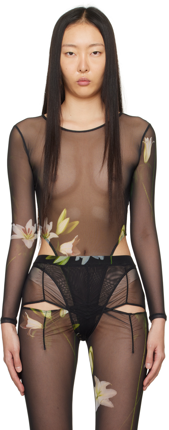 Puppets And Puppets Black Carly Bodysuit In Lilies