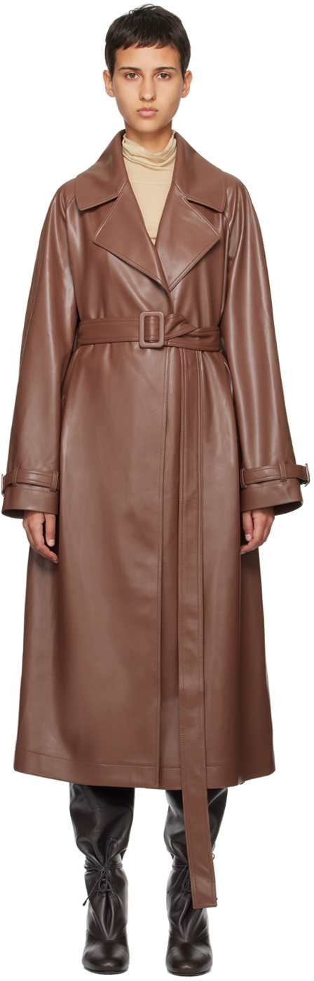 Brown Belted Faux-Leather Coat