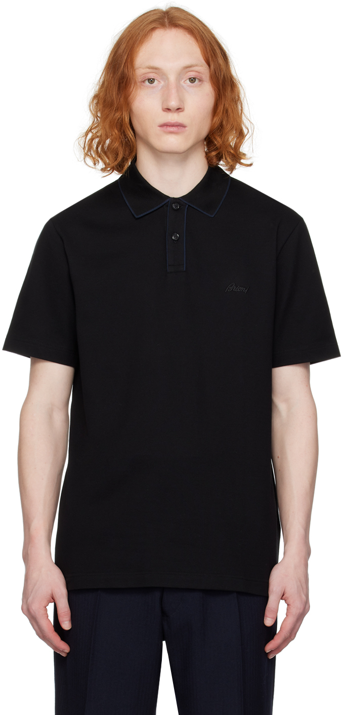 Shop Brioni Black Spread Collar Polo In 1041 Black/navy