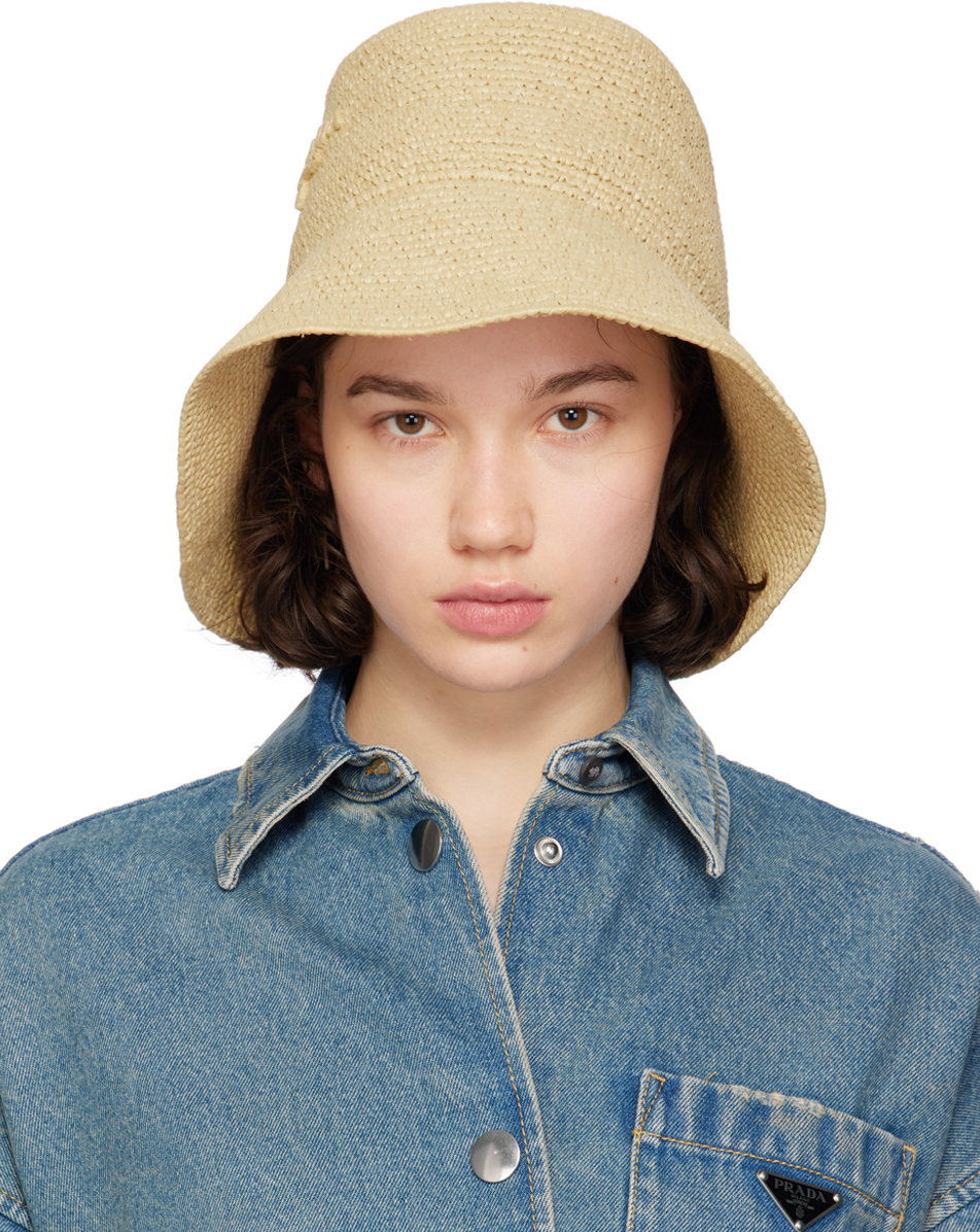 Prada: Beige Crochet Logo Ricamo Sun Hat | SSENSE Canada