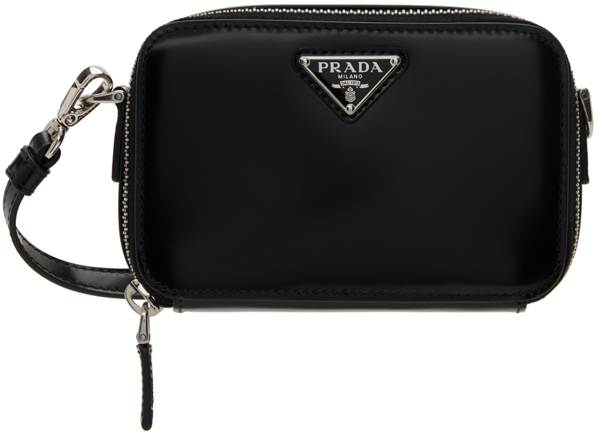 Prada: Black Brushed Leather Mini Pouch | SSENSE Canada