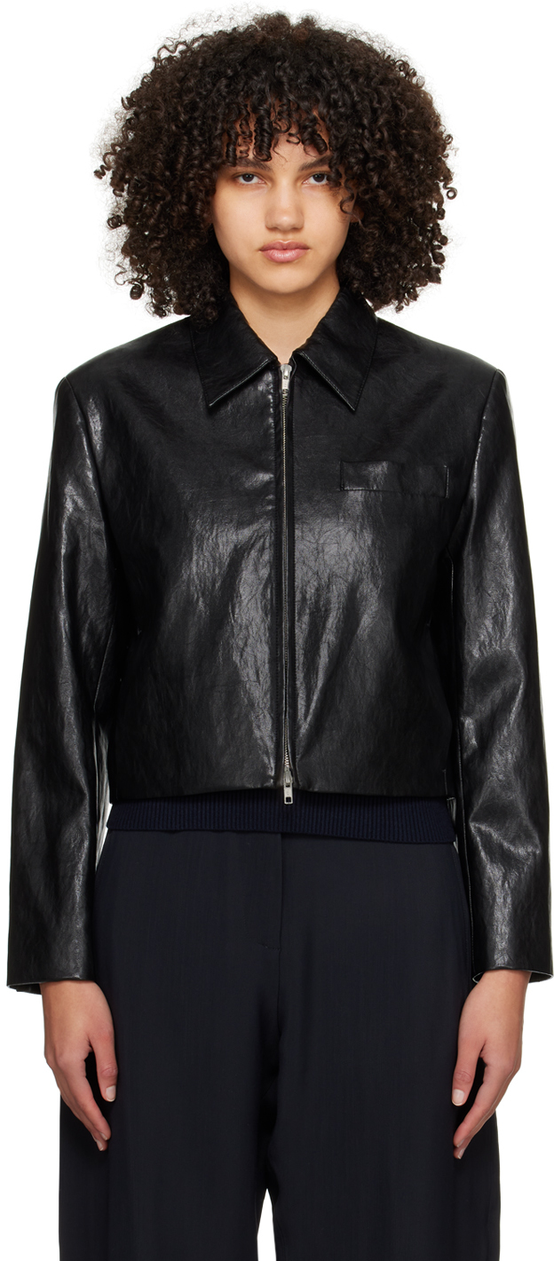 Dunst Black Collared Faux-leather Jacket In Leather Black