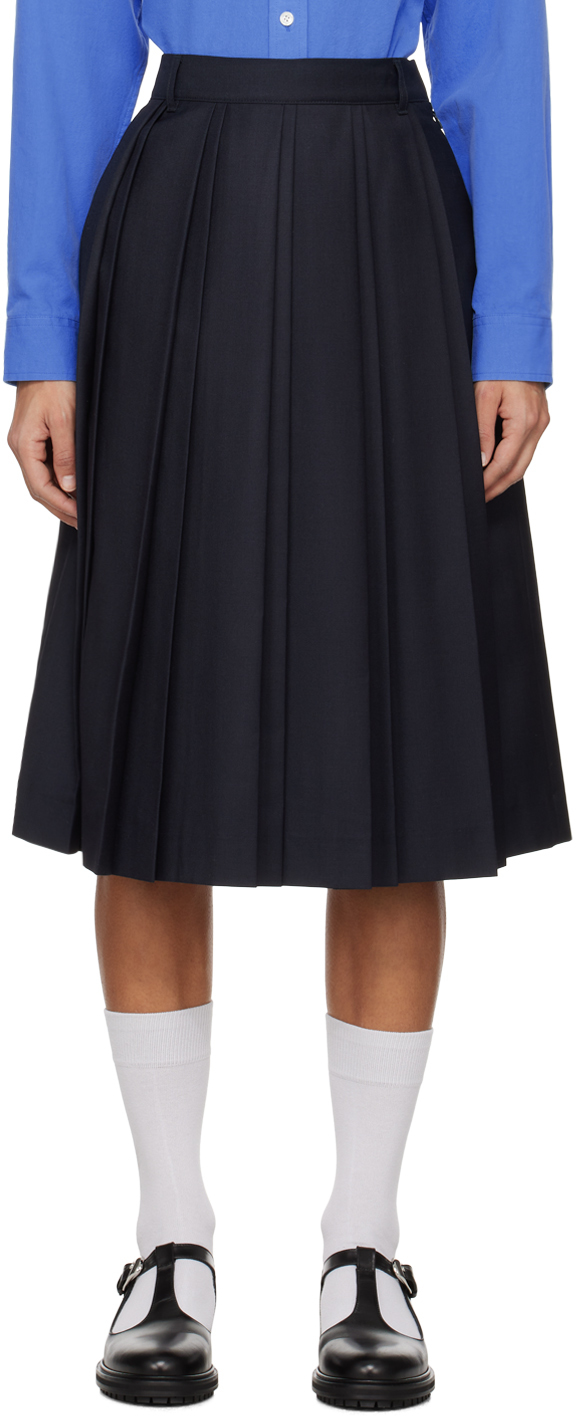 Dunst Navy Double Pleated Midi Skirt In French Navy