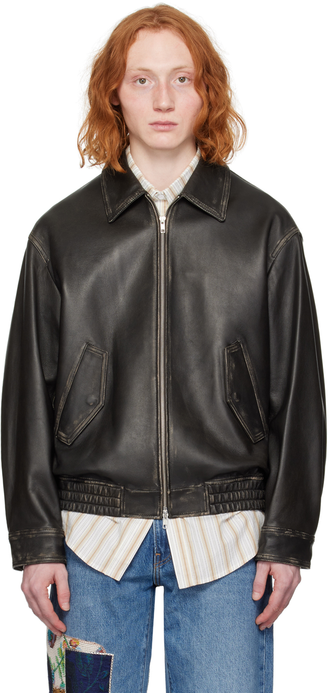 Dunst Black Spread Collar Leather Jacket In Brushed Black