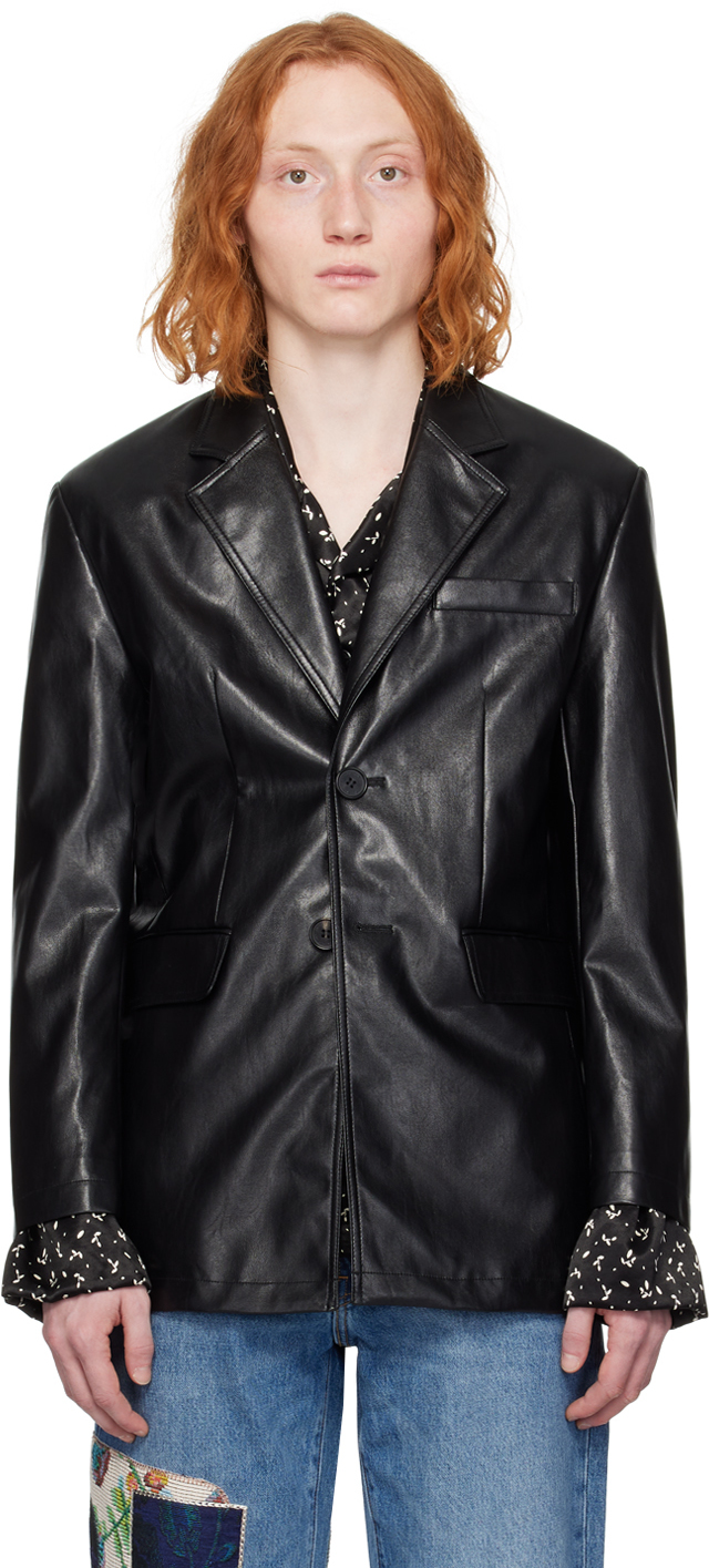 Black 2 Button Faux-Leather Blazer