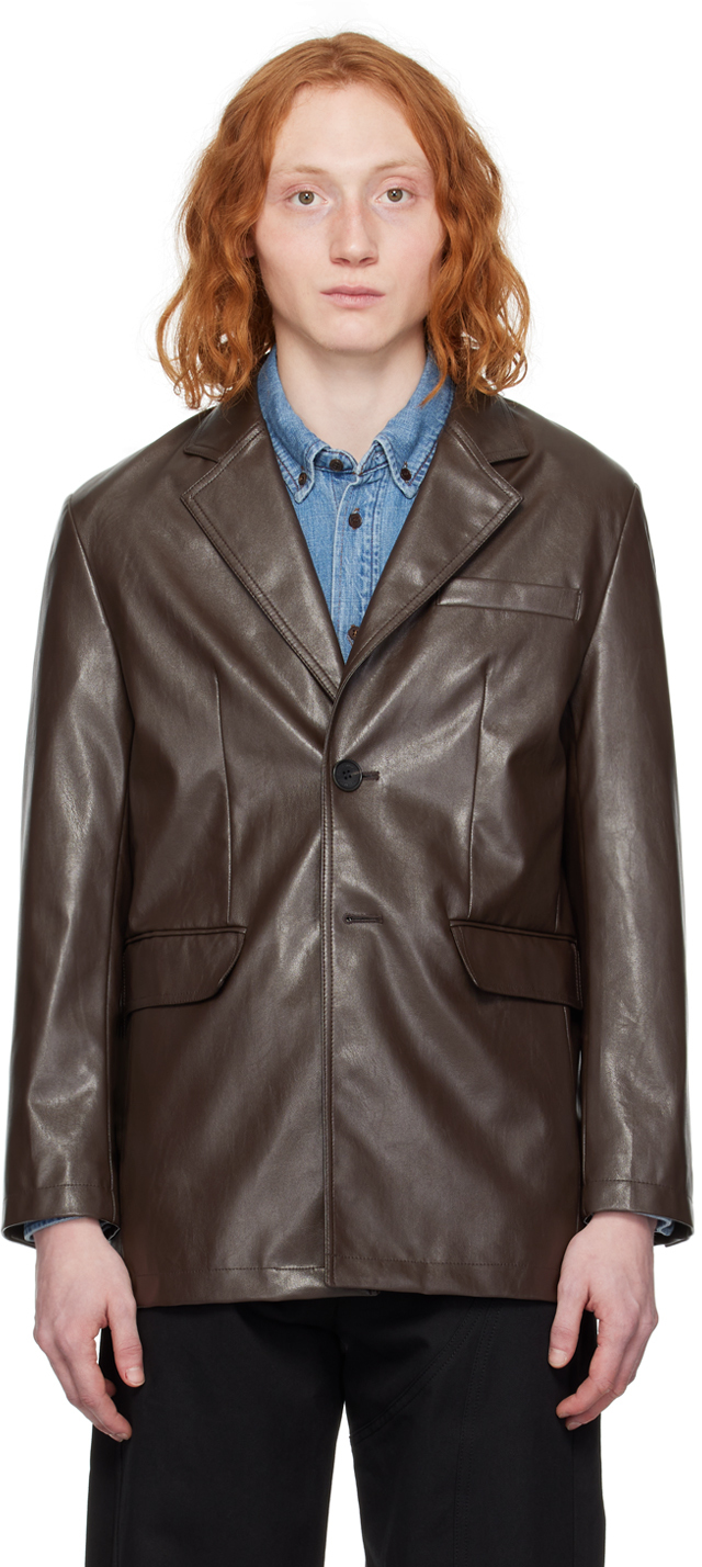Brown 2 Button Faux-Leather Blazer