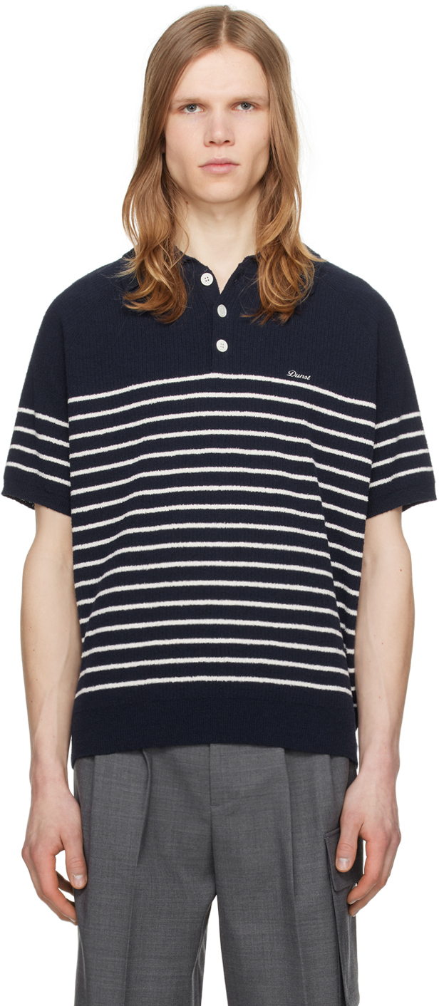 Dunst Unisex Collared Stripe Knit Polo In Classic Navy