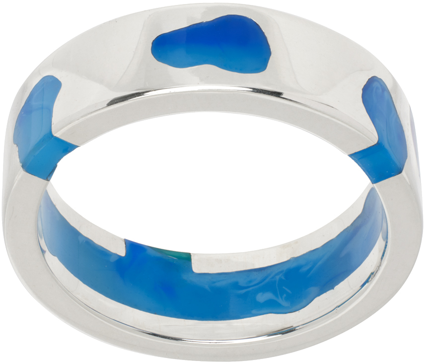 SSENSE Exclusive Silver & Blue Classic Band Ring