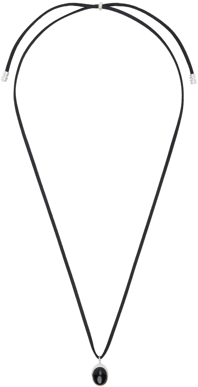 Black Gemstone Leather Strap Necklace