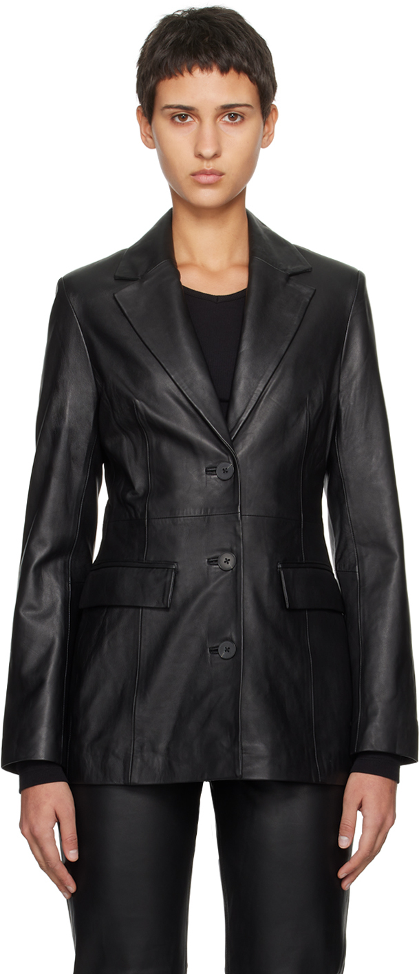 Shop Remain Birger Christensen Black Fitted Leather Blazer In 1000 Black